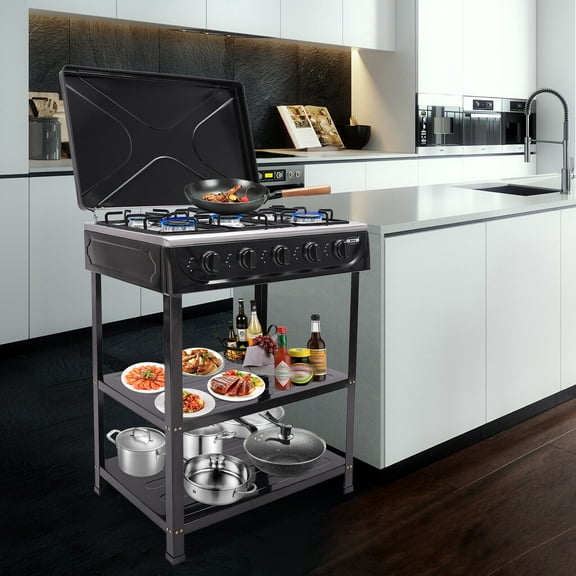 Black Natural Gas Stove, Natural Gas Stove with 5 Burners, Portable Natural Gas Stove For Stir-frying, Cooking Pasta, Boiling Soup