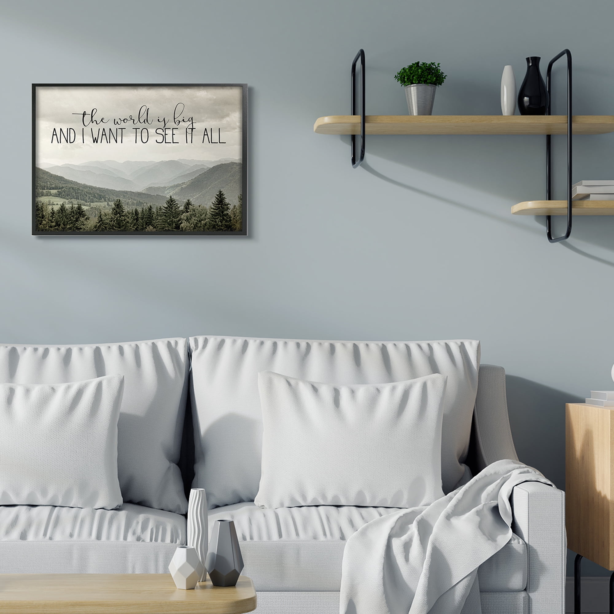 Stupell Industries See It All Phrase Forest Tree Mountain Range Inspirational Painting Black Framed Art Print Wall Art, 24 x 30