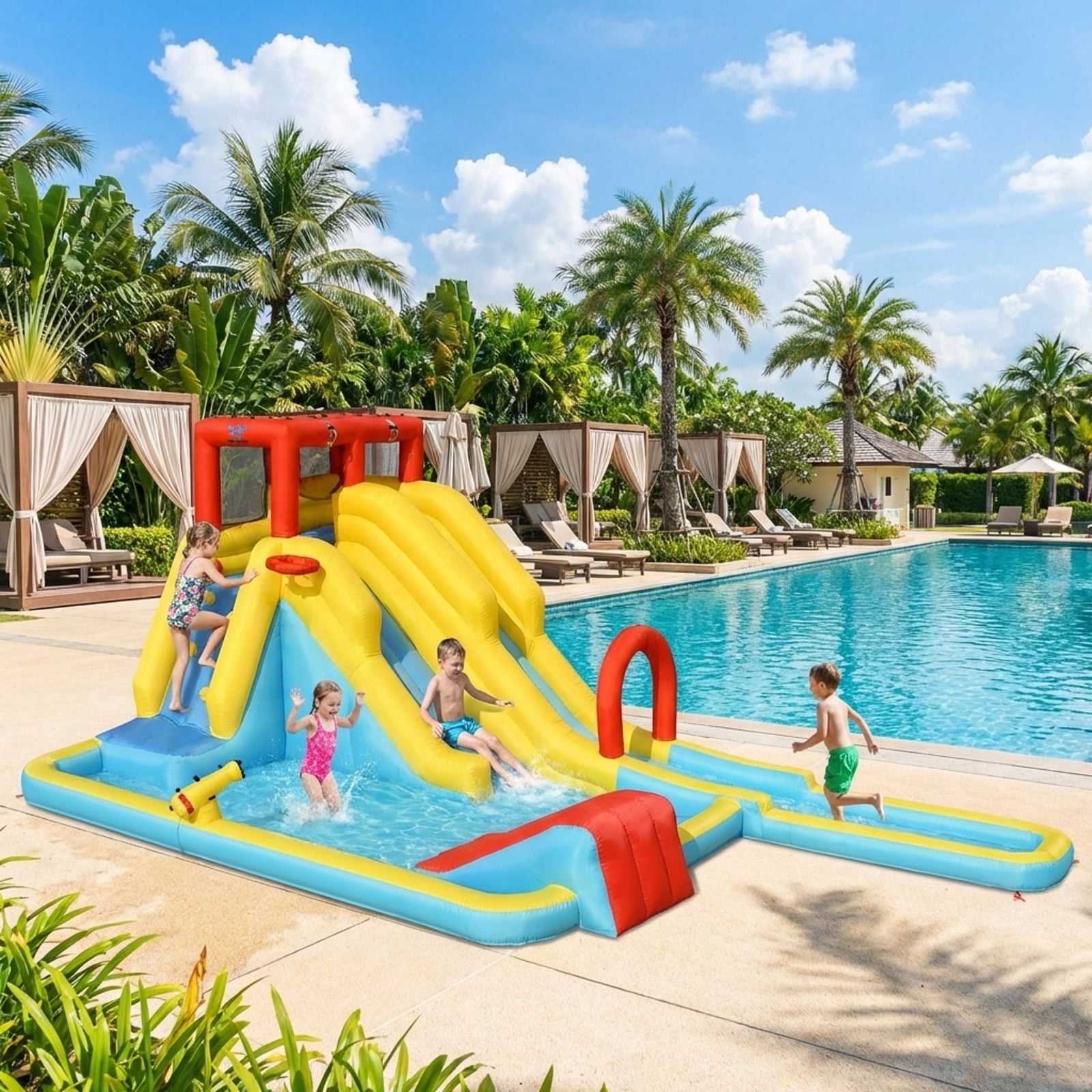 Redsmile 7-in-1 Inflatable Dual Slide Water Park Bounce House Without Blower - Multicolor - Kids Birthday Party