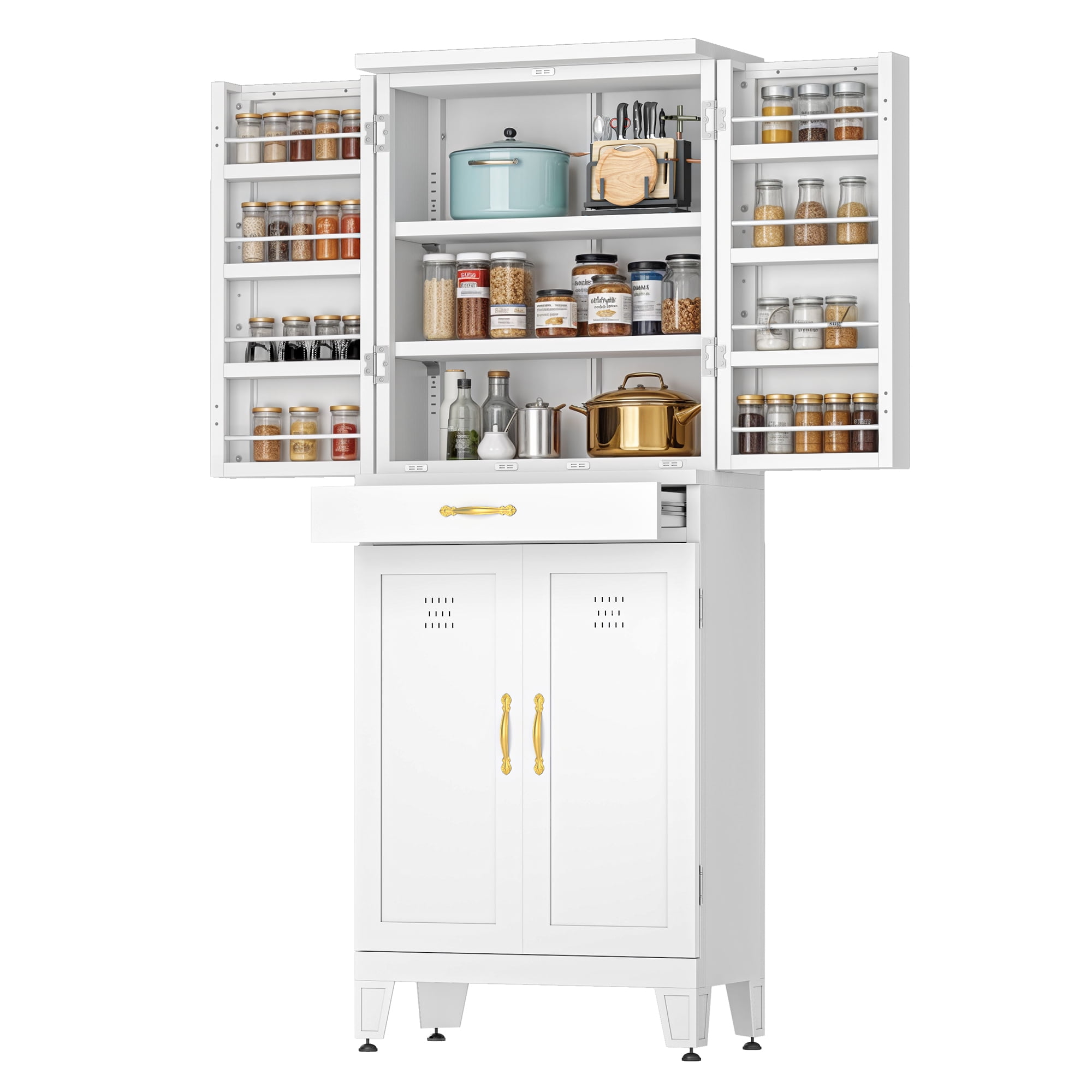 Uforic Pantry Storage Cabinet with Adjustable Shelves, Metal Kitchen Cabinet with Drawer, White