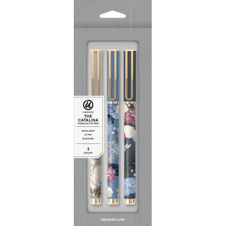 U Brands 'The Catalina' Porous Pen, Blue Floral, Black Ink, 3-Pack
