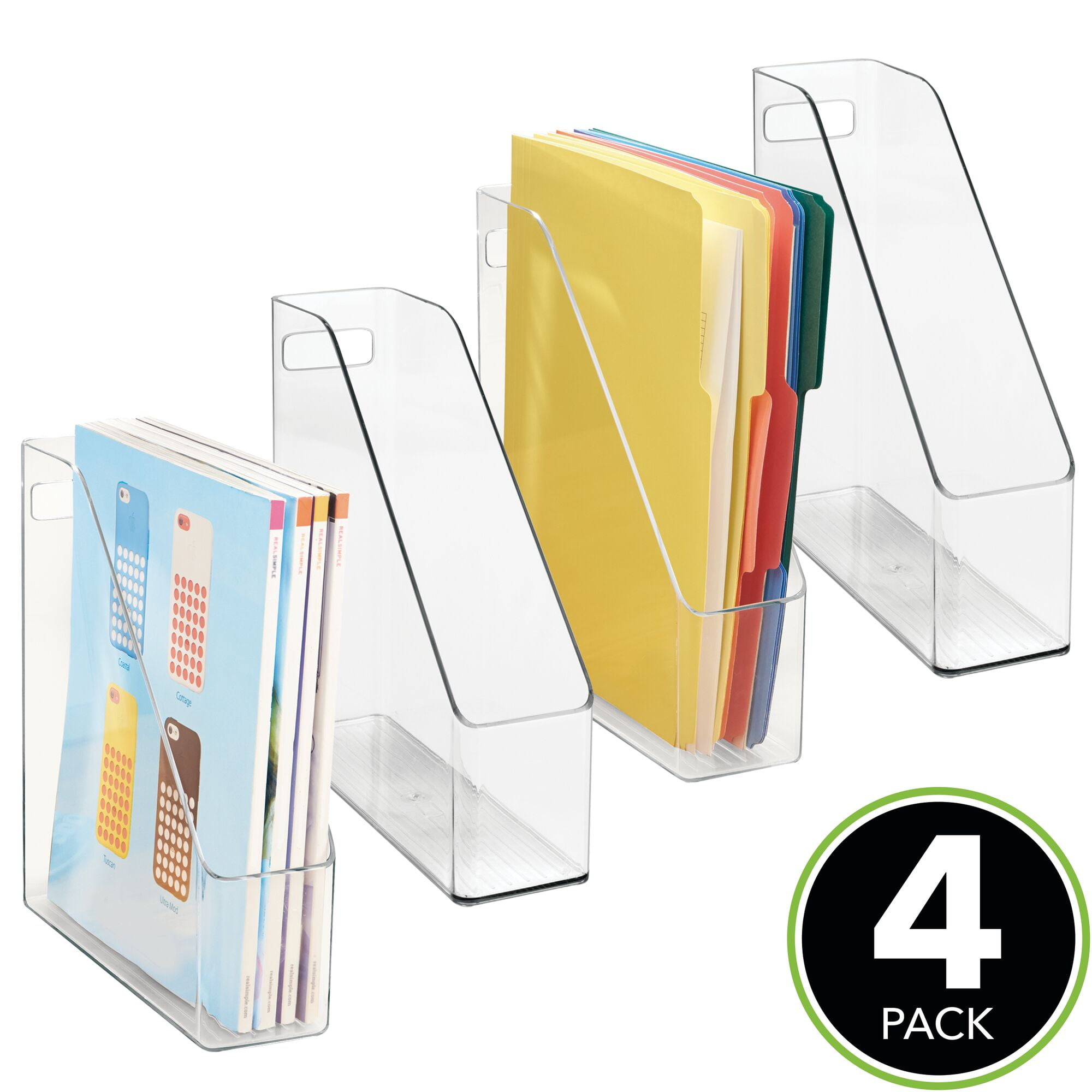 Clear Envelopes 4 Pack Vertical with Handle Holds Notebooks Magazines Binders Container for Home Office and Work Desktops mDesign Plastic Sturdy File Folder Bin Storage Organizer 