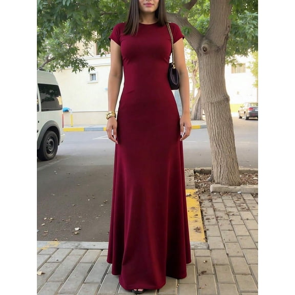 Burgundy Womens Solid Color Fitted Waist Maxi Dress With Short Sleeves For Casual Summer Wear
