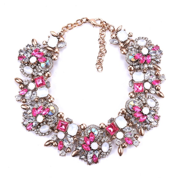 Namzi Necklace Colorful Glass Crystal Collar Choker Necklace-Dark Pink