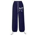 thumbnail image 4 of Girls Wide Straight Leg Loose Jogger Sweatpants Drawstring High Waisted Baggy Joggers Pnats Cute Bow Printed Sports Pants with Pockets, Navy 8-9Y, 4 of 4