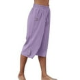 thumbnail image 4 of Capreze Women Capris Pants Solid Color Casual Loose Palazzo Trousers Buttons Decor Cotton Linen Pajama Bottoms, 4 of 5