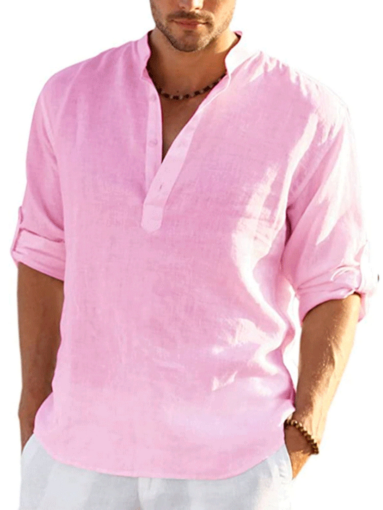 FASHIONWT Men Casual Cotton Linen Undershirts Workwear 3/4 Sleeve Henley Button Shirts