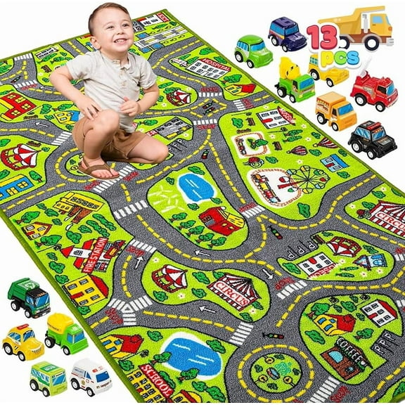 Kids Play Rugs - 12 Pull-Back Vehicle Set - Durable Carpet Playmat Rug - City Pretend Play - Toddler Car Track Rug