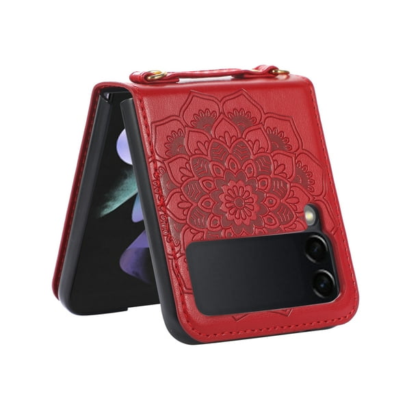 TJS for Samsung Z Flip6 Phone Case, Mandala Flower Leather Protective Cover with Strap for Samsung Z Flip 6 (Red)