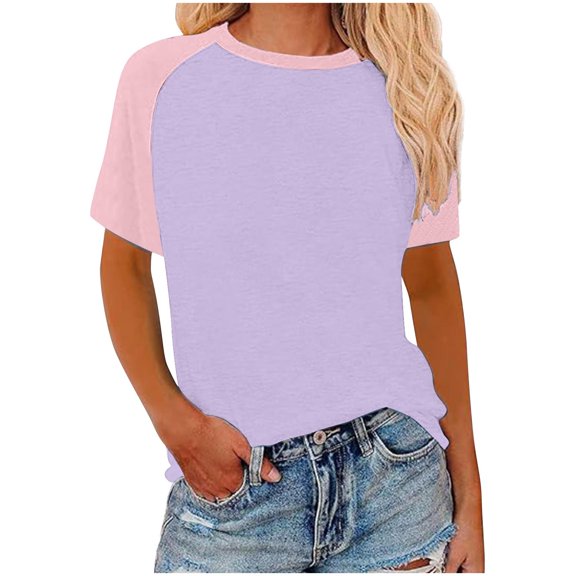 Short Sleeve Shirts for Women, Womens Tops Short Sleeve Shirts Round Neck Loose Casual Tshirts Color Block Summer Tees