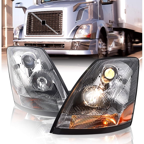 Volvo 04-17 VN/VNL Truck Chrome Headlight Pair Left Right Side w/ All Bulbs