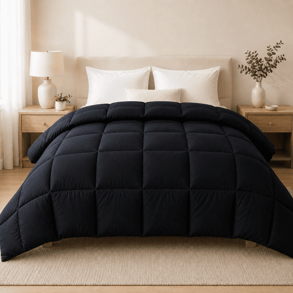 YUNDO Comforter Insert, All Season Down Alternative Duvet Insert, Quilted Microfiber Comforter, Soft Breathable Machine Washable, Black, Queen 90" x 90"