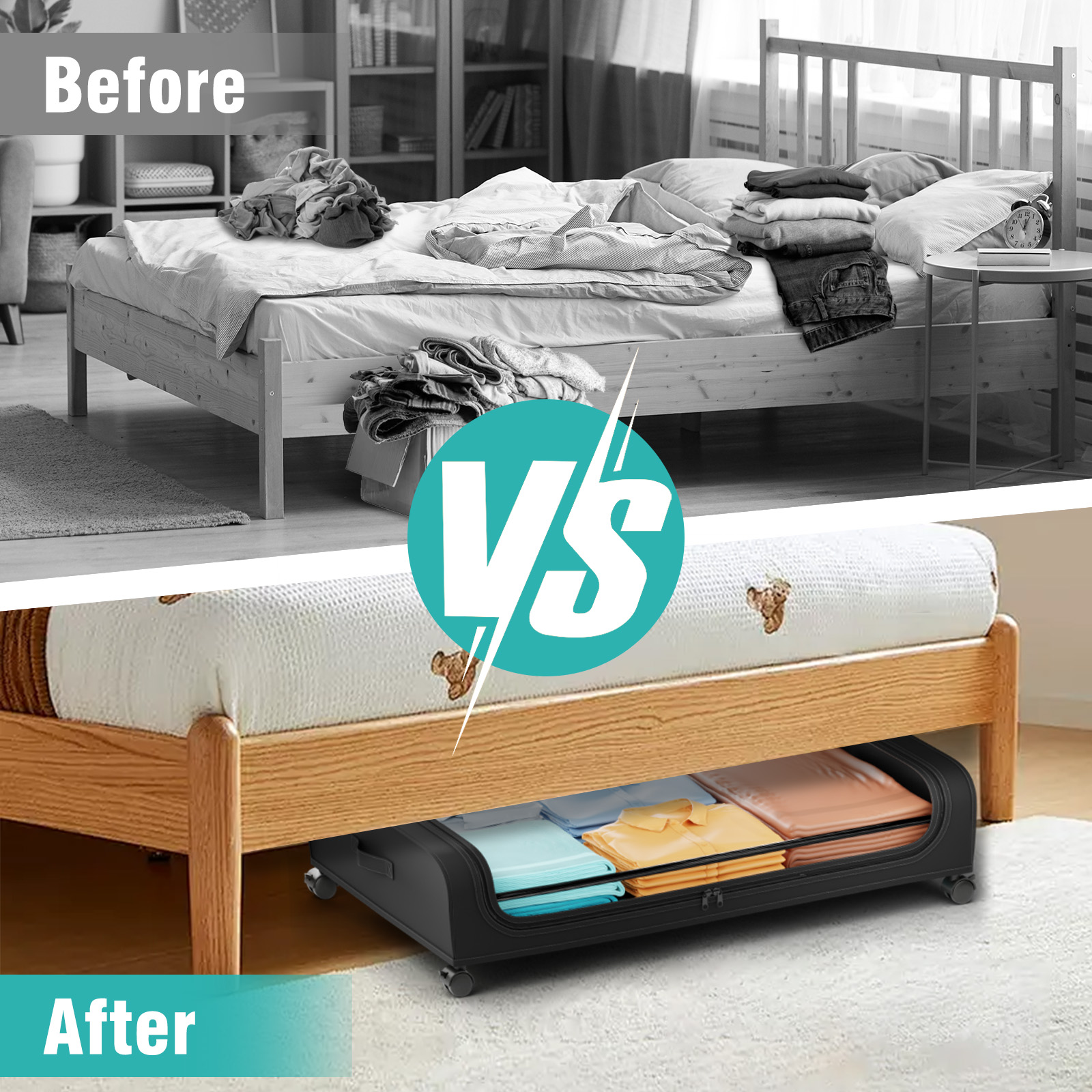 Under Bed Storage with Wheels, 2 Pack Under Bed Storage Containers, Under Bed Shoe Storage Organizer, Rolling Under Bed Metal Drawer for Clothes, Black