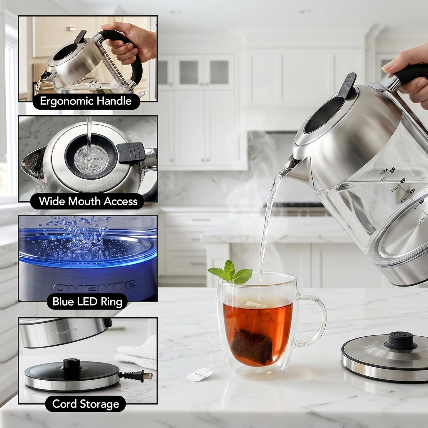 OVENTE Electric Kettle, 1500W No Plastic 1.8L Tea Kettle and Hot Water Boiler For Coffee or Tea, Easy to Fill Lid, Auto Shut-Off, Borosilicate Glass with Stainless Steel Filter, Silver KG71S