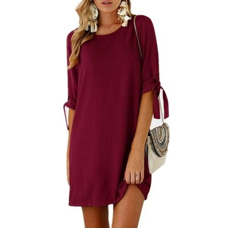 Womens Adjustable Long Sleeve O Neck Casual Mini Dresses