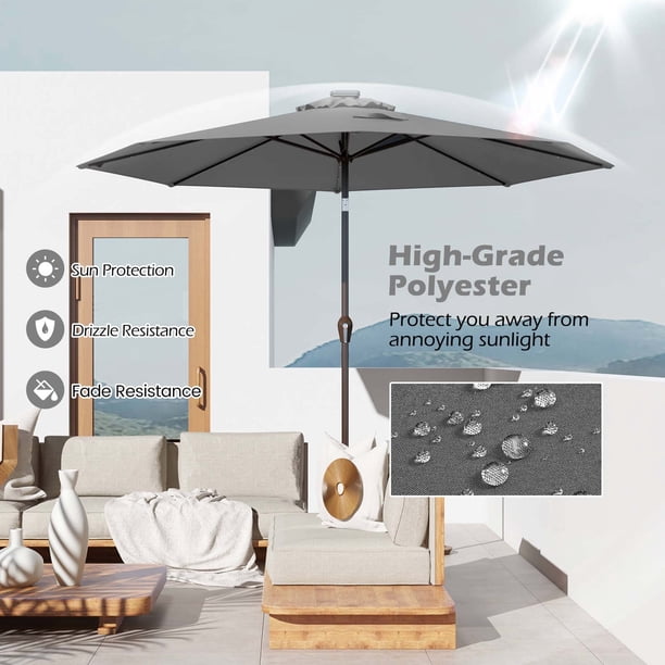 costway 10ft patio solar umbrella 10 ft Outdoor with LED Lights and Weighted Base-Gray with ruffled edges that add a touch of chic 10 ft Solar LED Patio