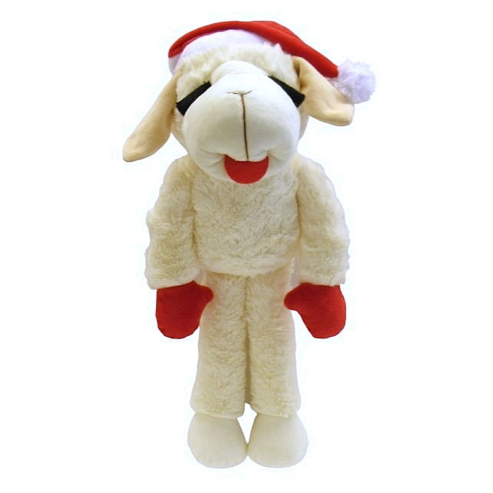 Multipet Jumbo Holiday Lamb Chop, Plush Dog Toy, White with Red Paws and Santa Hat, Squeaker, 19 inches
