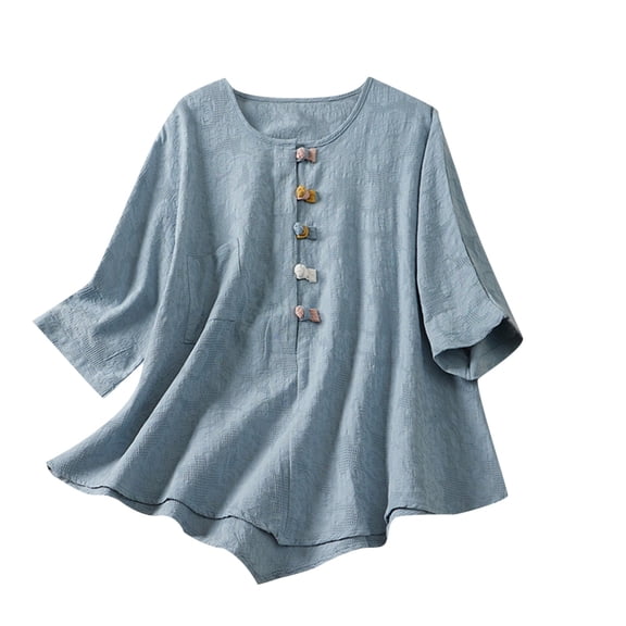 BODOAO Cotton Linen Embroidered Top for Women Soft Breathable Peasant Blouses Beach Tops Summer Loose Fit Blouses Gauze Tops Travel Top Office Blouses Scoop Neck Flowy Shirts Half Sleeve Blue L