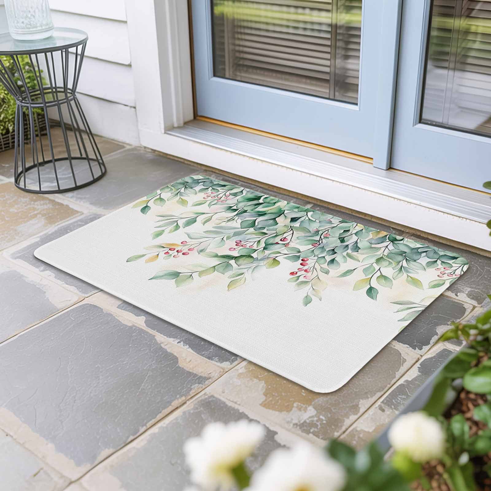Eucalyptus Doormat Outdoor Entrance 16"x24", Retro Green Spring Botanical Leaf Red Fruit Absorb Moisture Dirt Door Mats, Non-Slip Rubber Backing Floor Mats Indoor, Low-Profile Front Door Rugs
