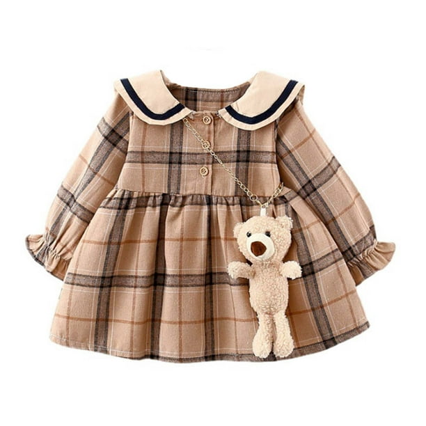 Vestido Para Niñas, Ropa Para Niñas Pequeñas, Falda A Cuadros De Verano Para Niños Pequeños, Vestido De Moda De Manga Larga De Color Caqui Odeerbi LM103-998