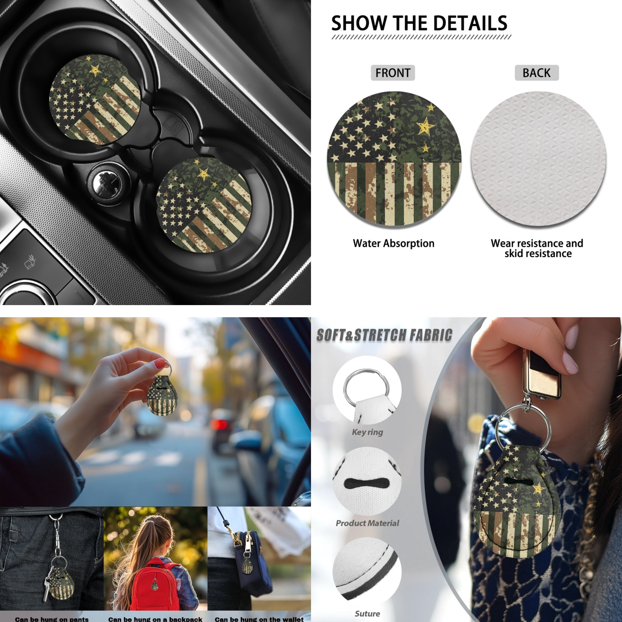 Jeiento 13 PCS Car Seat Covers Set with American Military Flag Steering Wheel Cover Seat Belt Pads Armrest Cover Coasters Keychain for SUV Van Truck Auto Interior Accessories