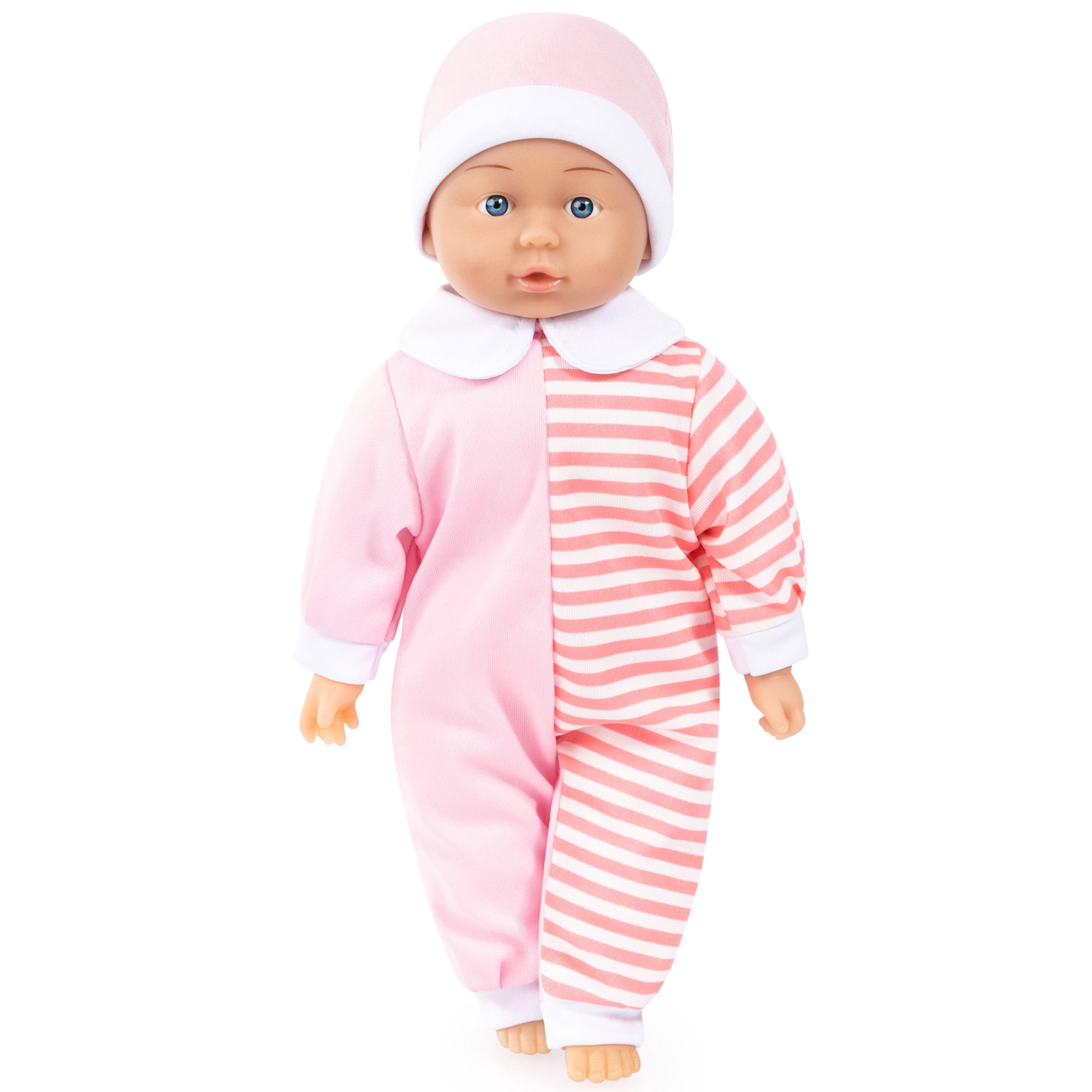 Bayer Design: Buggy & 14" Baby Doll Set - Pink & White Striped Onesie, Flower Umbrella Push Stroller, Toy Feeding Care Accessories, Kid-Toddlers 18mo+