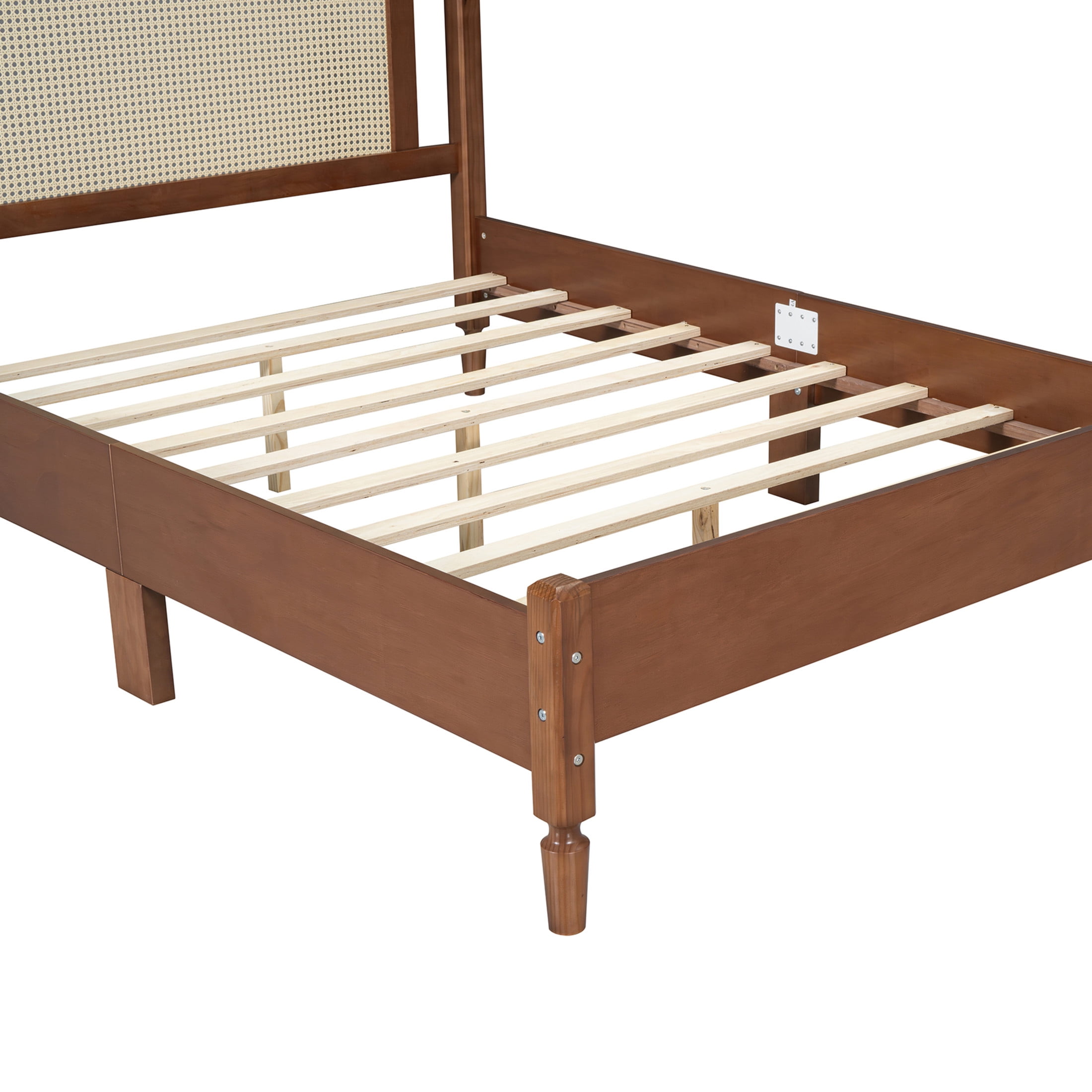 Noble House Full Size Wooden Platform Bed with Natural Rattan Headboard,Wooden Slat Support,Walnut