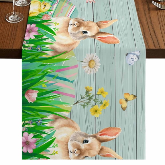 Table Runners 120 Inches Long Dress Scarves, Easter Bunny Farmhouse Coffee/Dining/Kitchen Table Runner for Living Room, Spring Easter Eggs Floral Teal Wood 13x120 Inch