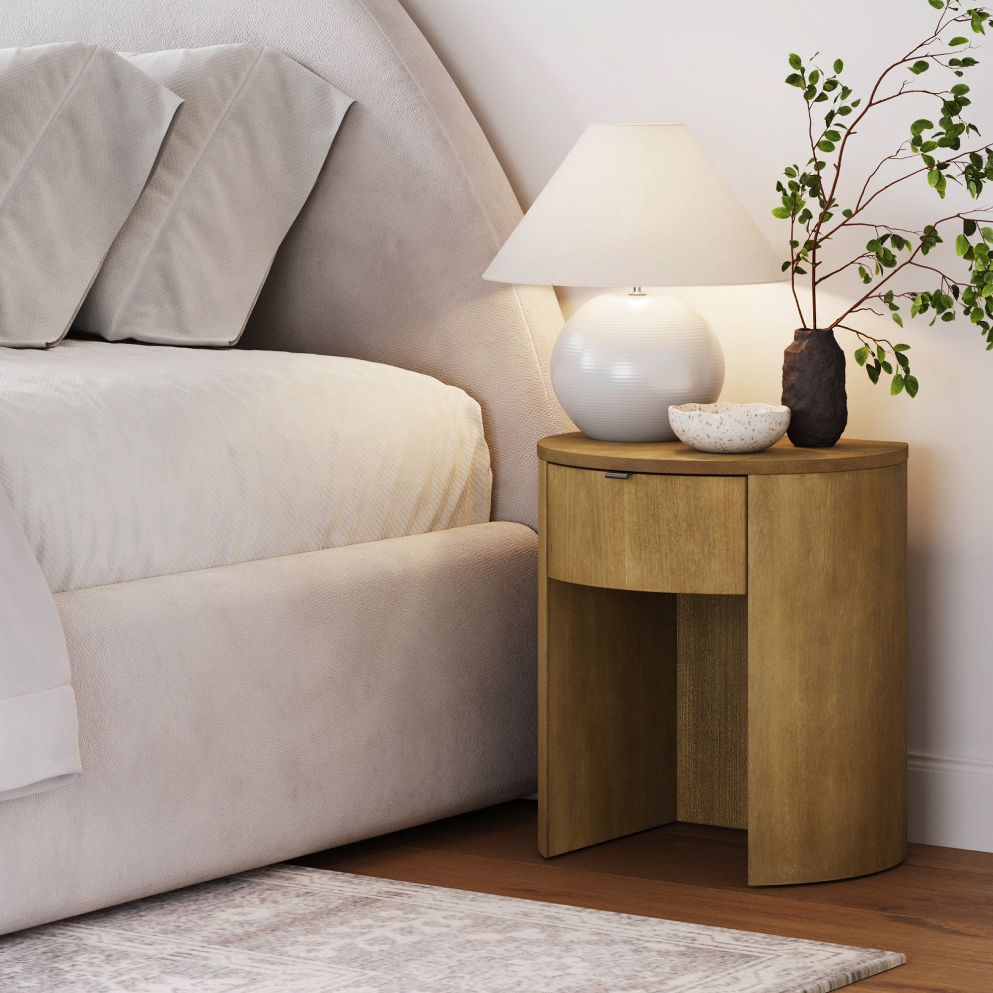 Nathan James Shay Solid Wood Nightstand, Modern Bedside Table with Drawer, Contemporary Rounded Nightstand Table for Bedroom, Light Brown