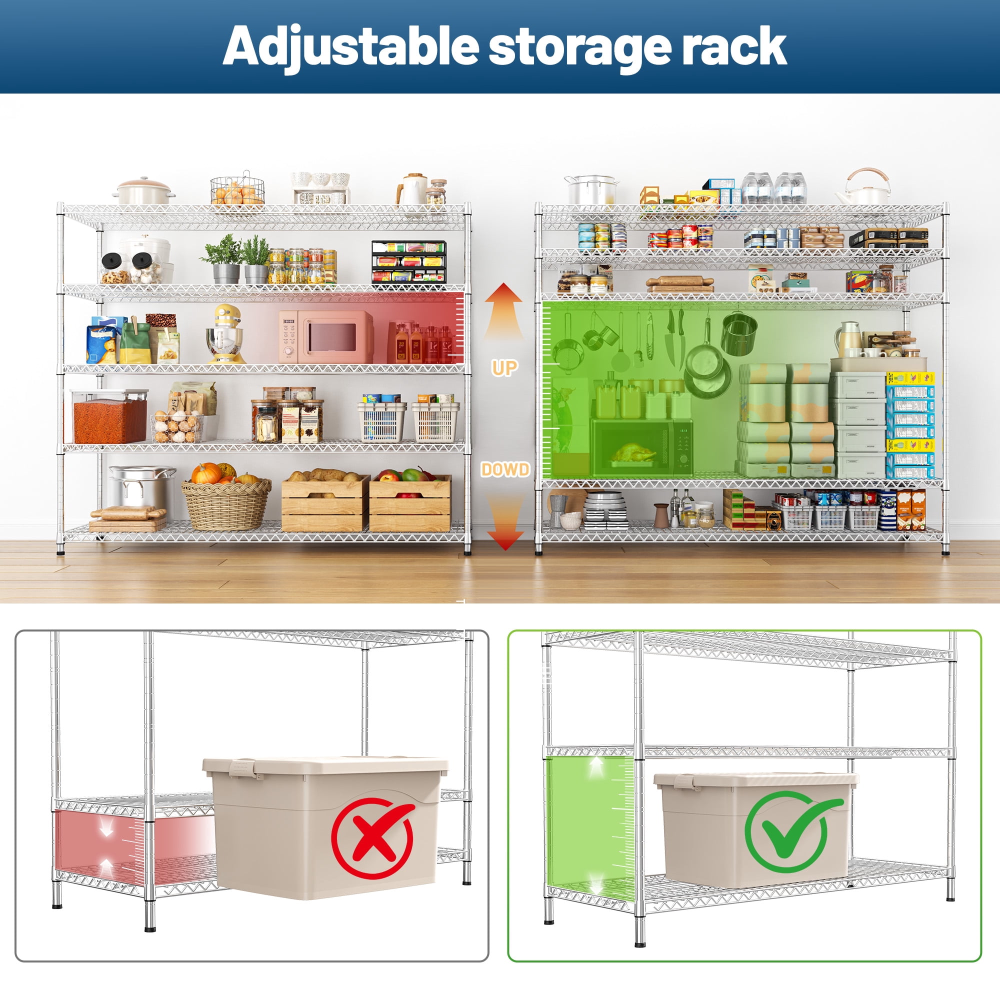 REIBII 55.5"W Wire Shelving 5 Tier Adjustable Metal Storage Shelves for Garage Pantry Kitchen, 18"D x 71"H,3200lbs Capacity,Silver