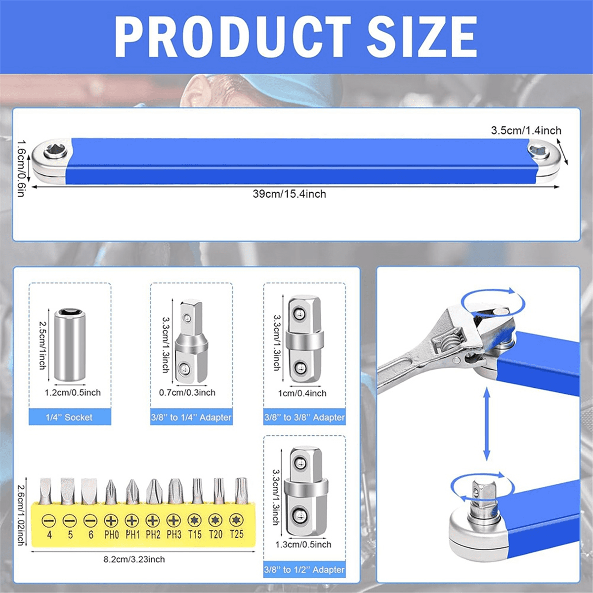 Extension Wrench 15inch 0 Degree Ratchet Tight Reach Extension Wrench Set with 1/2,1/4 and 3/8inch S alloy steel