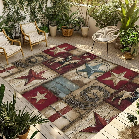 Fsddascl Texas Star Vintage Outdoor Rug for Patio/Deck/Porch, Non-Slip Large Area Rug 5 x 8 Ft, Country Star Western Cowboy Indoor Outdoor Rugs Washable Area Rugs, Reversible Camping Rug Carpet