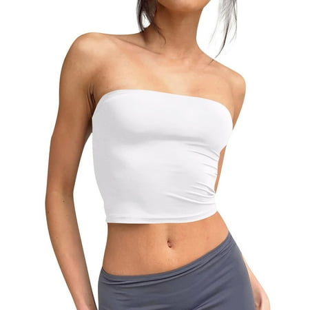 Kopltyrfg Women s Double Layered Basic Casual Strapless Backless Bandeau Bra Tube Top White L