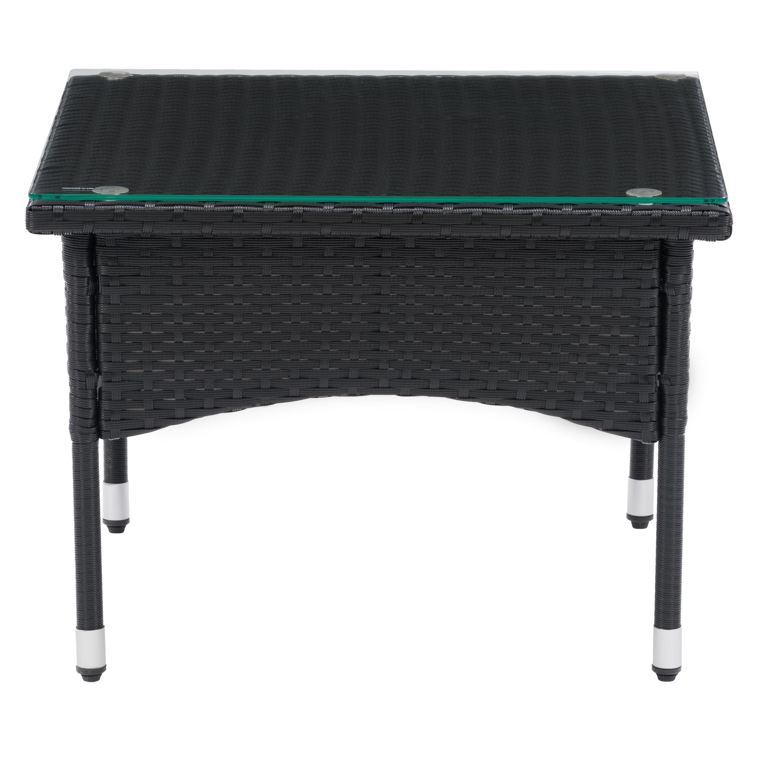 CorLiving Parksville Resin Wicker and Steel Square Outdoor End Table with Glass Top, Black