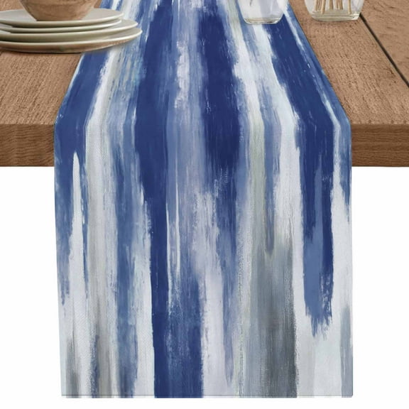 Watercolor Blue Grey Oil Painting Art Table Runner-70 Inch Long Modern Abstract Table Runners Linen Burlap Tablerunner for Kitchen Dining Room Holiday Party