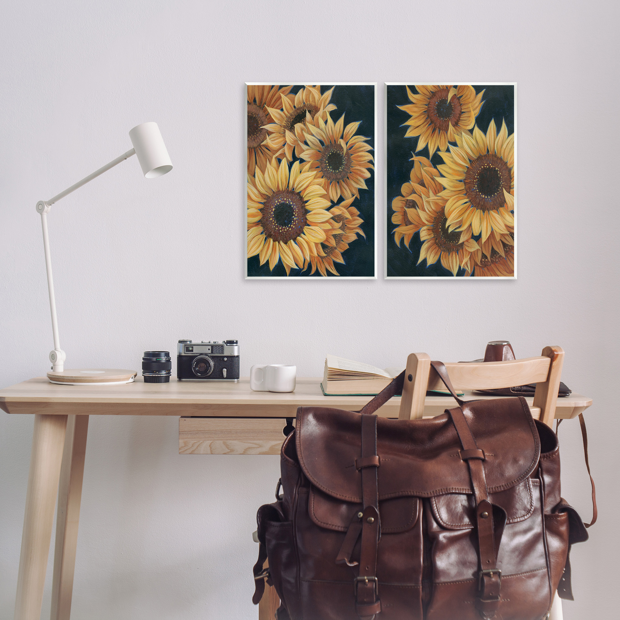 Stupell Industries Sunflowers on Black Botanical & Floral Painting Unframed Art Print Wall Art, 13 x 19, Set of 2