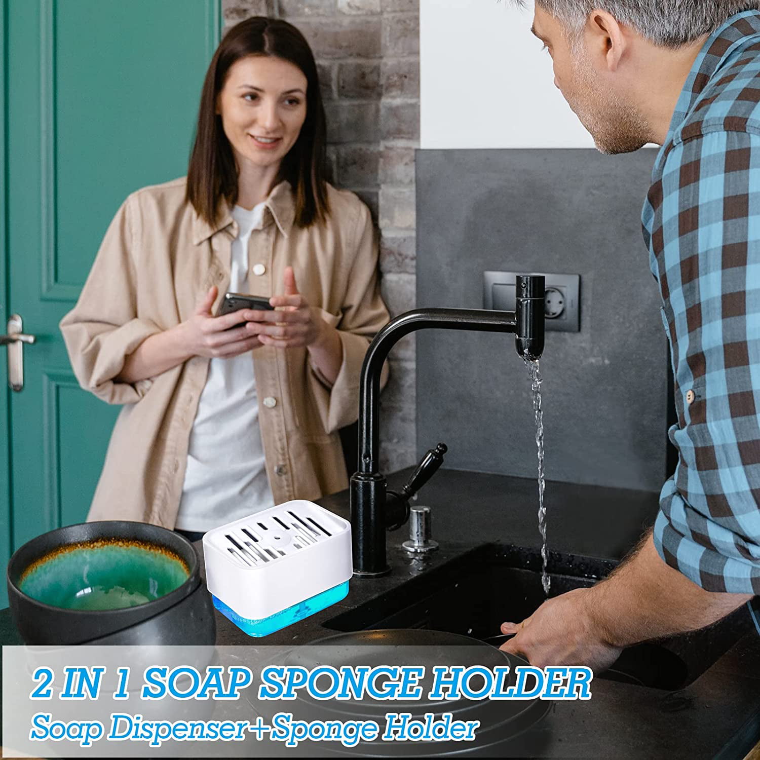 MR.SIGA Dish Soap Dispenser for Kitchen,2 in 1 Premium Soap Dispenser and Sponge Holder, Dishwashing Soap Pump Dispenser for Kitchen Countertop, Black