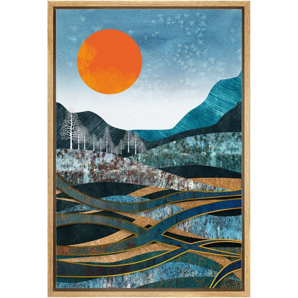 IDEA4WALL Framed Canvas Print Wall Art Orange Sun Over Swirling Blue Mountains Abstract Wilderness Illustrations Modern Art Rustic Multicolor Cool for Living Room, Bedroom, Office - 16"x24" Natural