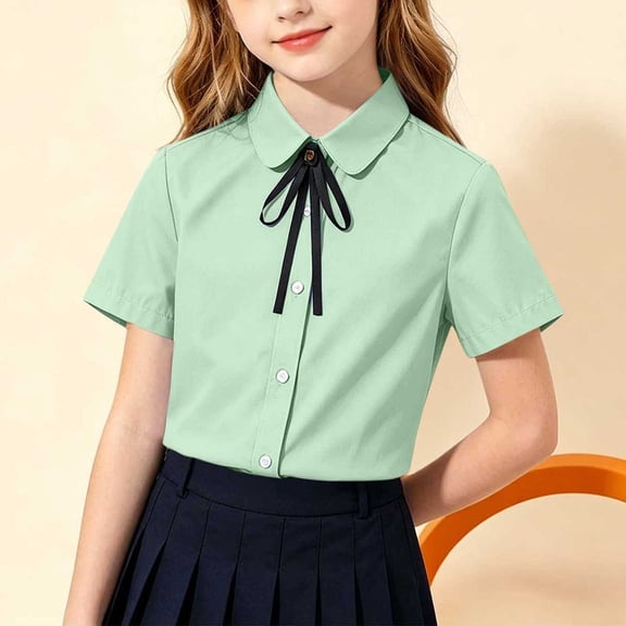Girls Cotton Short Sleeve Button Up Shirt - Peter Pan Collar Wrinkle Resistant School Uniform Blouse with Removable Bow Tie - Green,Size 1 T