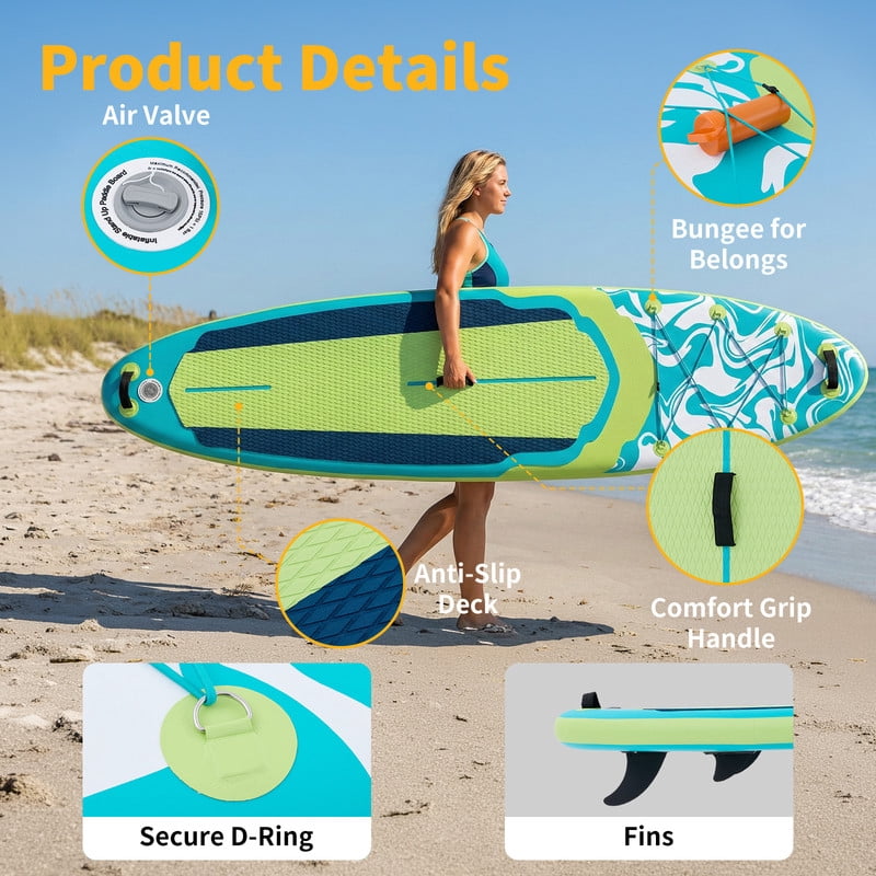 Gianna Inflatable Stand Up Paddle Board 10'6", Non-Slip EVA Deck with SUP Accessories, Wide Stable Design, Leash, Backpack & Pump for Adults & Youth of All Skill Levels，Blue and Green