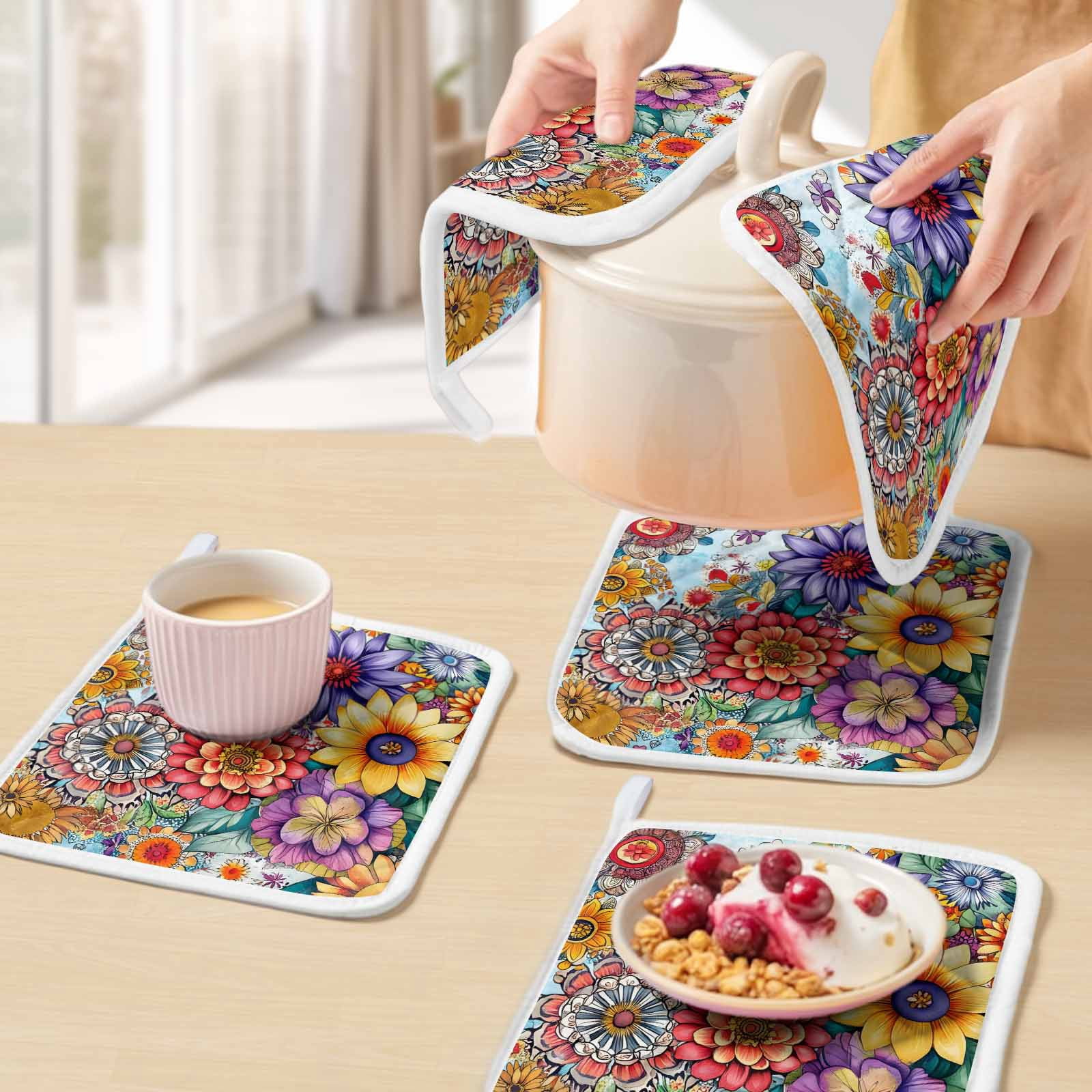 Boho Flowers Pot Holders for Kitchen Heatproof Potholder, 5 Pack Bohemia Ethnic Floral Colorful Floral Hot Pads Multipurpose Oven Pads Cloth Potholders Trivet for Cooking Baking