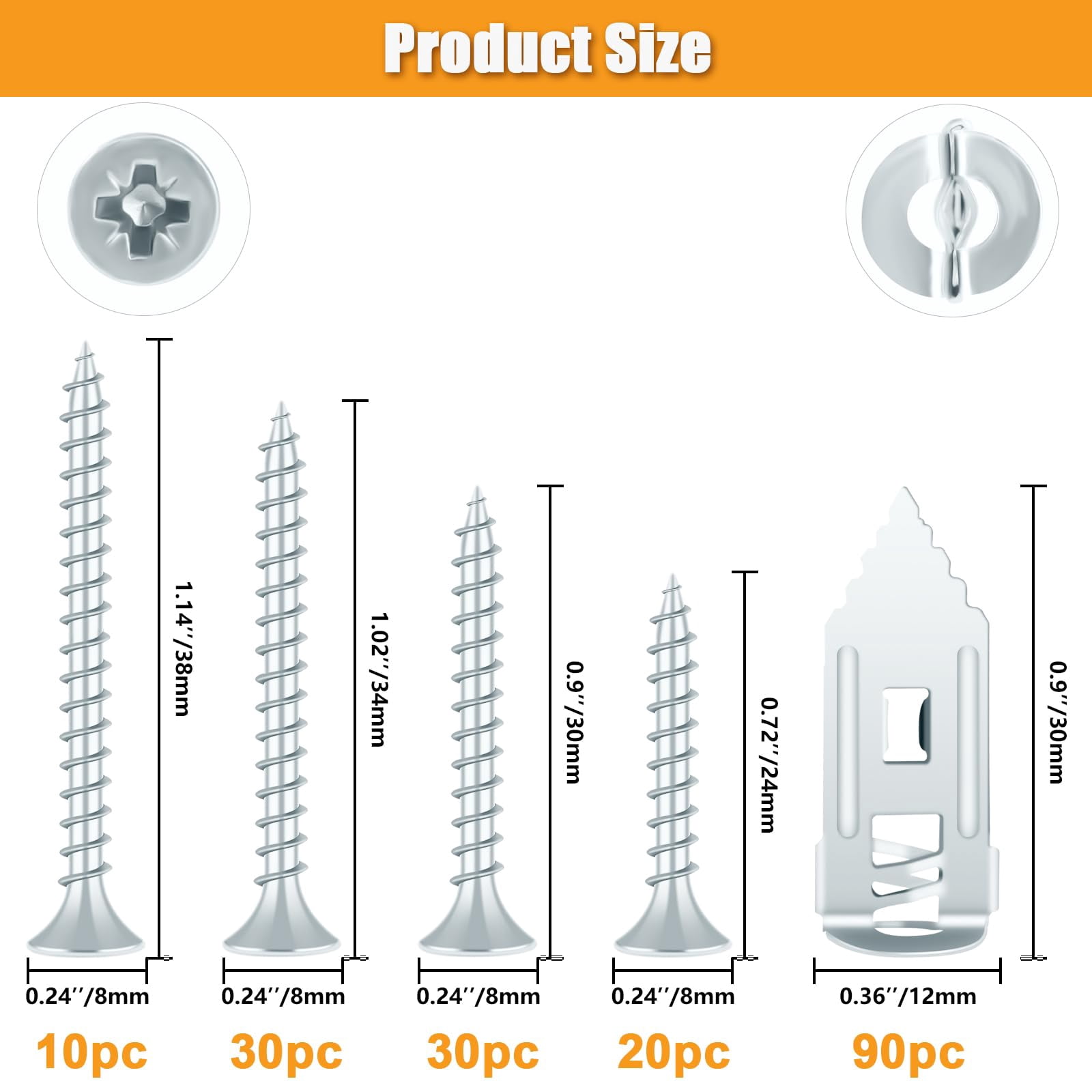 180Pcs Self Drilling Drywall Anchors, Metal Heavy Duty Dry Wall Anchors and Screws Kit, Silver Renter Friendly Anchor for Sheetrock,Hollow Wall, Hanging Shelves,Mirrors,Wall Decor,Pictures