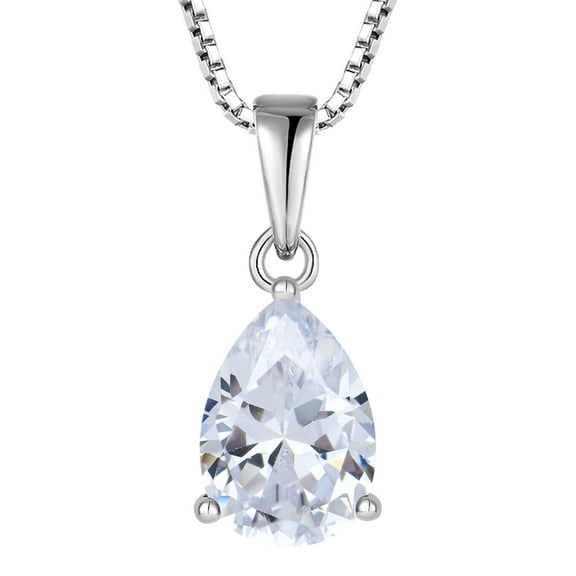 PYNZY Teardrop Necklace for Women 925 Sterling Silver Solitaire Pendant 7x10mm Pear Cut Cubic Zirconia Apirl Birthstone Jewelry as Gift