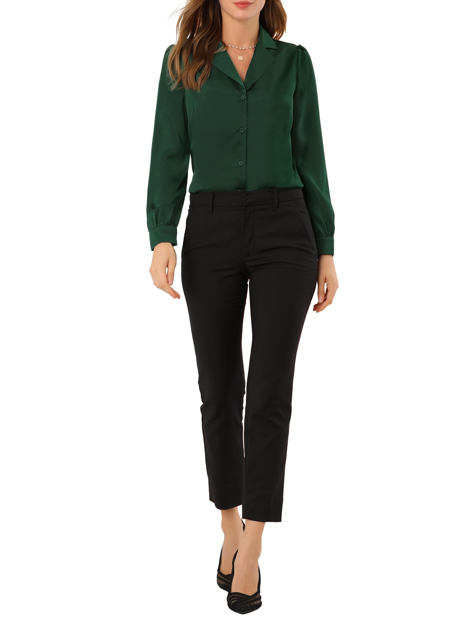 DARING DIVA Women's Flat Collar Button Down Office Satin Shirt XS Green