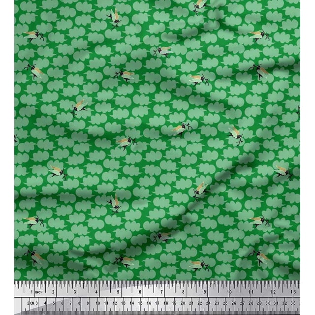 Soimoi Green Velvet Fabric Clouds & Bird Print Fabric by the Yard 58 Inch Wide