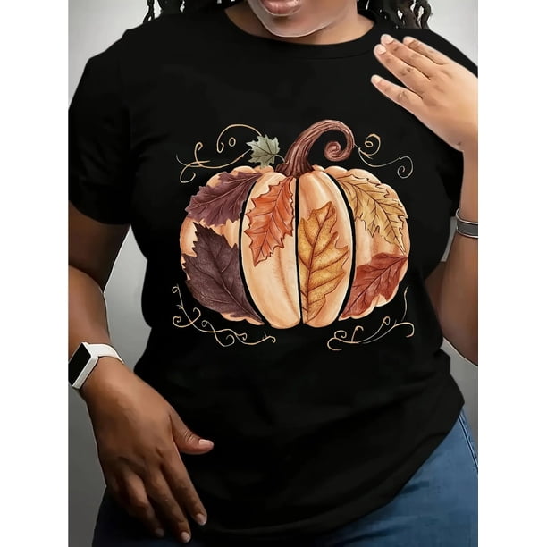 Halloween T-shirt - Women'S Halloween Pumpkin T-Shirt - Soft Breathable Tee with Orange Pumpkin & Palm Leaves - Machine Washable Halloween Costume Everyday Autumn Top - Casual Halloween Shirt