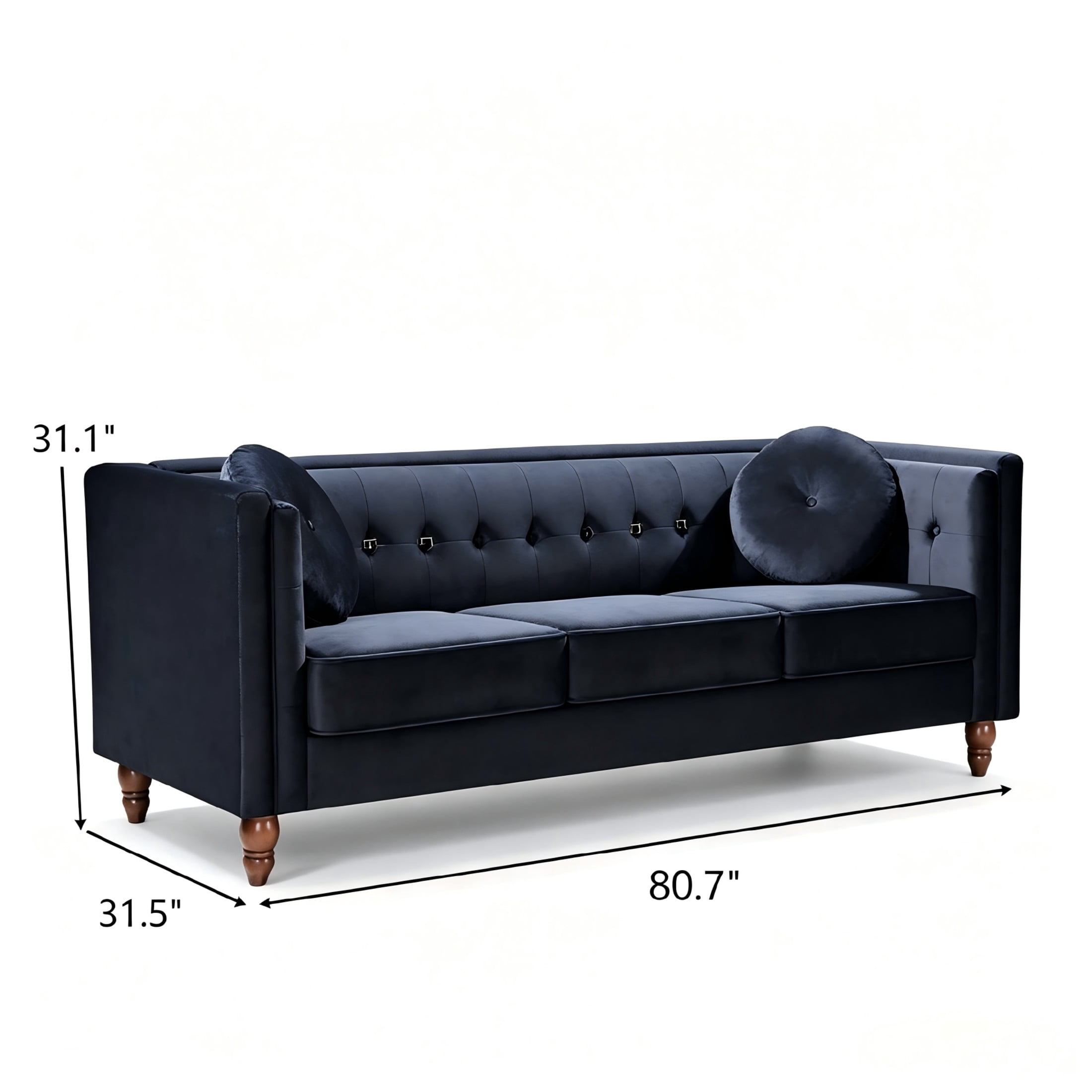 GDF Studio 80.7" Chesterfield Tufted Sofa with Square Arms, Crushed Velvet Upholstery, Black