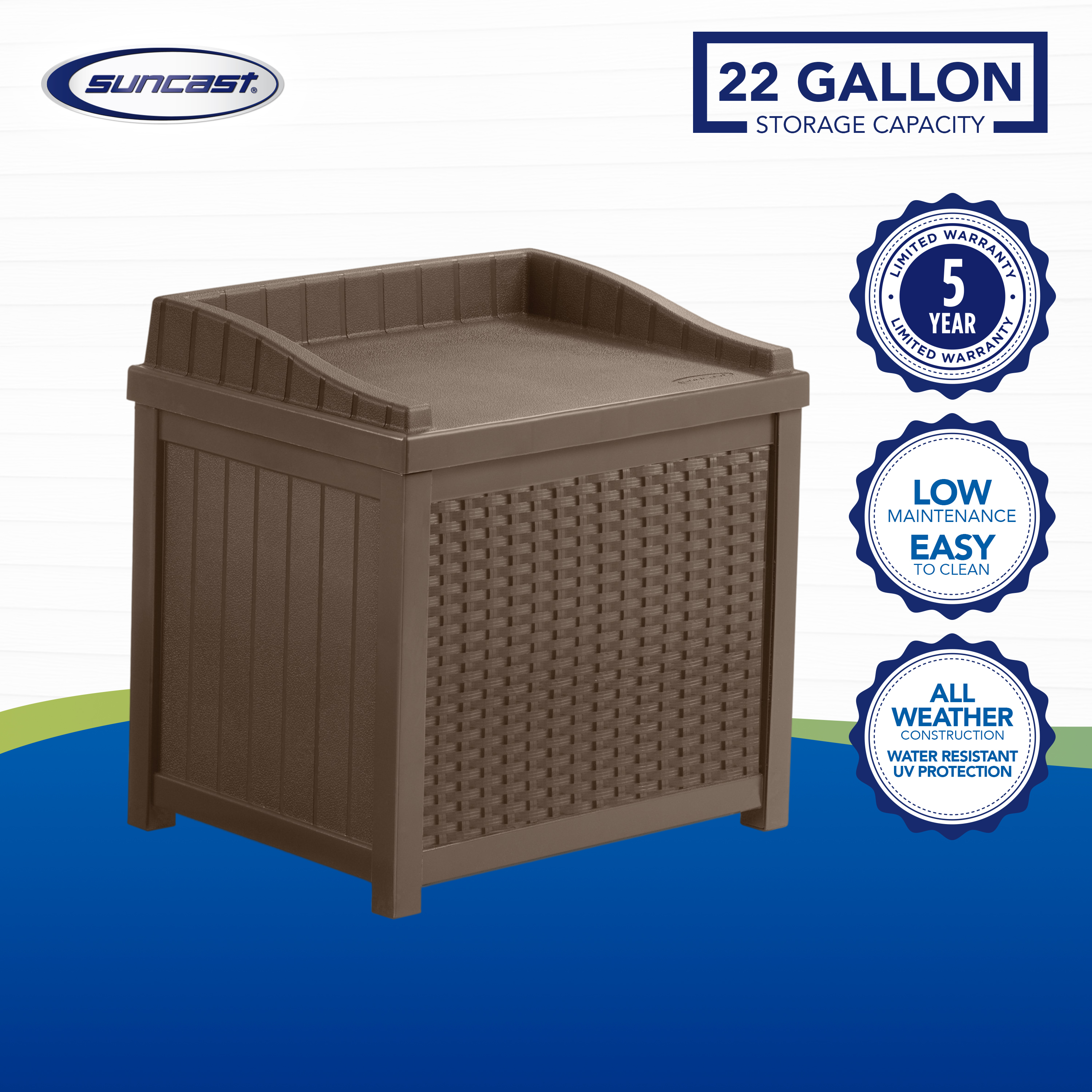 Suncast Outdoor 22 Gallon Resin and Wicker Deck Box with Seat, Java Brown - image 2 of 9