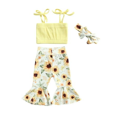 

Baby Outfits Tank Tops with Floral and Rainbow Flared Trousers and Headband