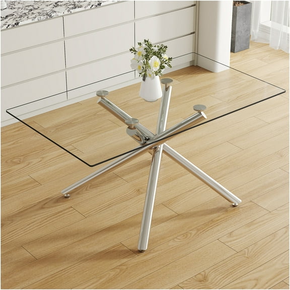 JERFIT Modern Rectangular Glass Dining Table for 6, Minimalist Kitchen Table with Silver Metal Legs, Tempered Glass Top